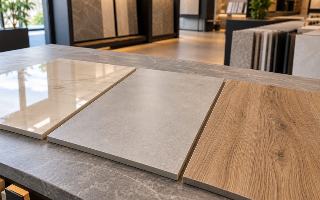 Amostras de porcelanato polido, acetinado e amadeirado lado a lado sobre uma bancada de showroom
