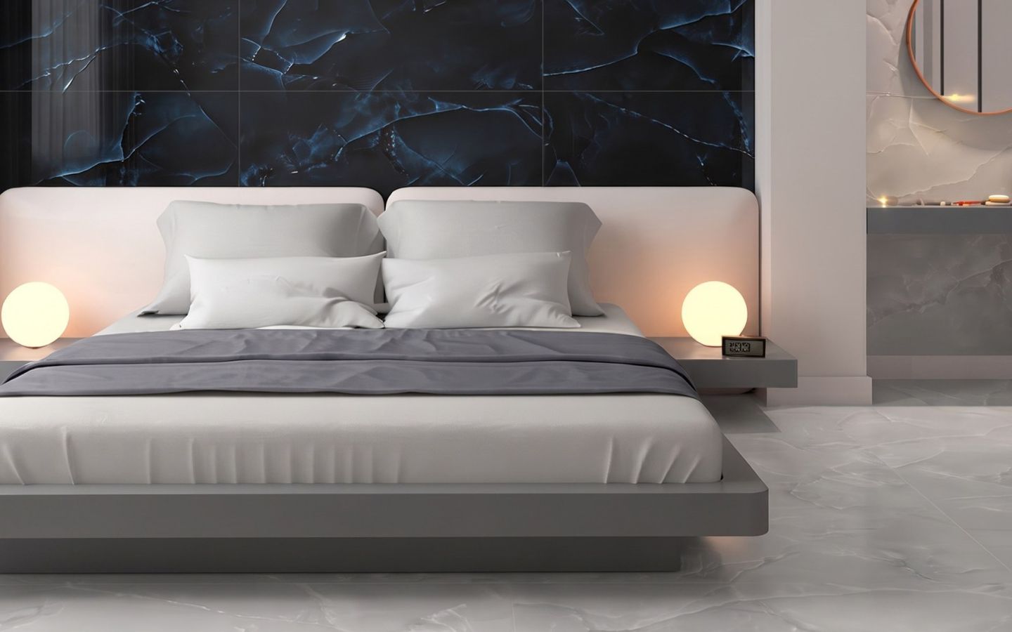 Quarto com piso de porcelanato polido cinza-claro, marmorizado, refletindo a luz
