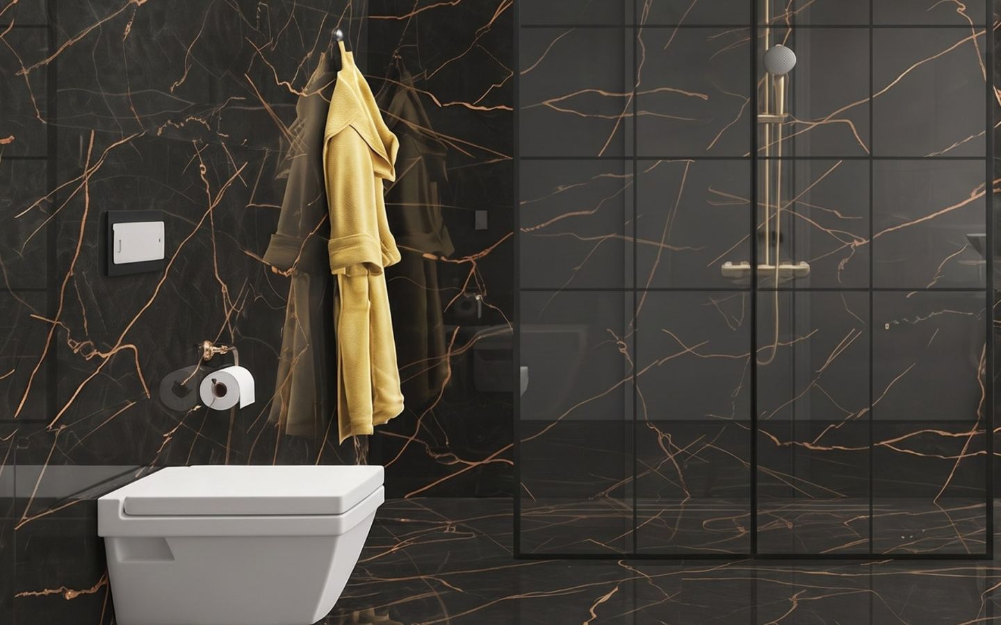 Banheiro com piso e paredes de porcelanato escuro marmorizado, com veios dourados