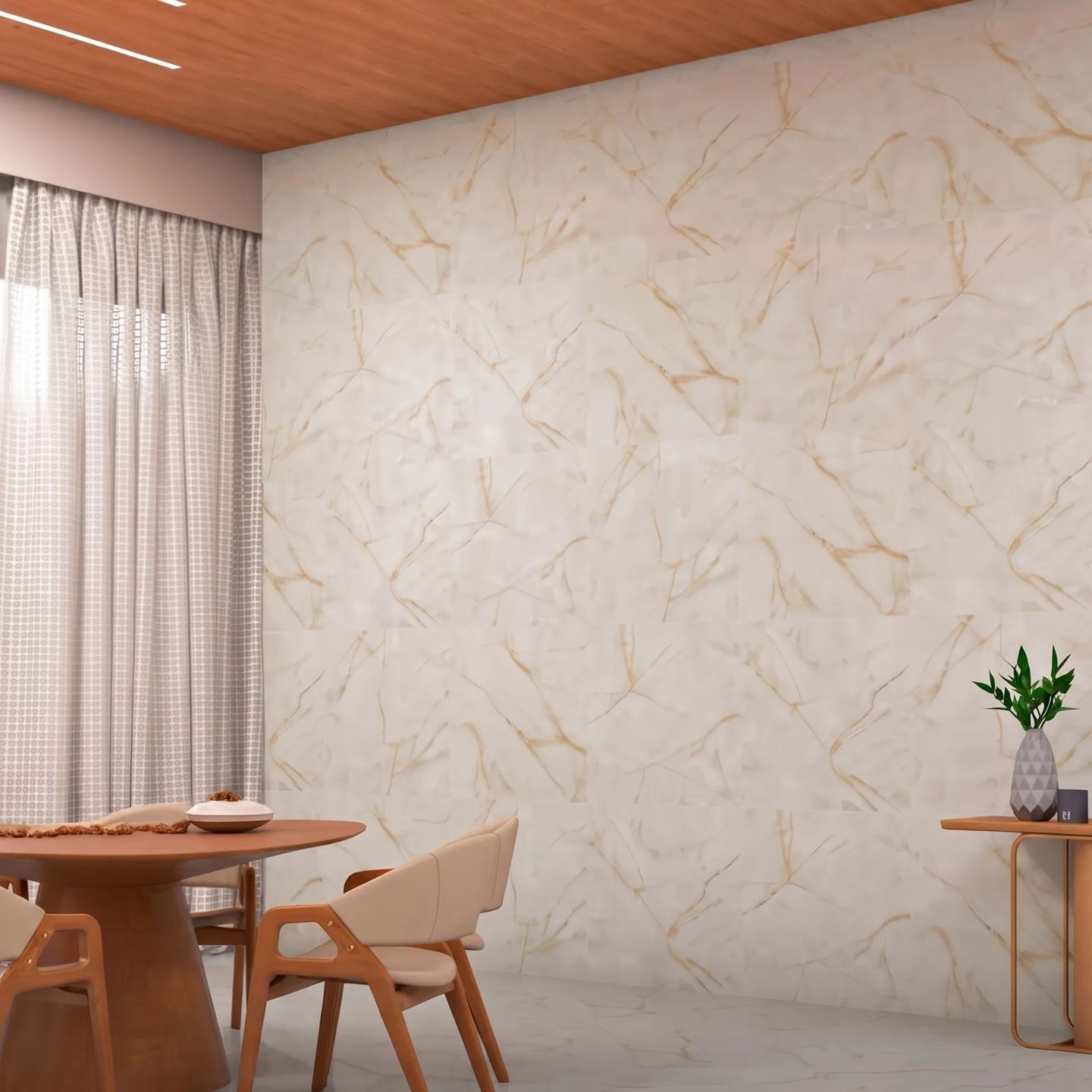 Sala de jantar com revestimento marmorizado de grande formato na parede