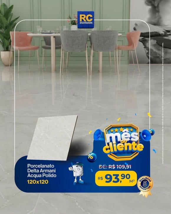 Oferta 24: Porcelanato Delta Armani Acqua Polido 120x120, a partir de R$ 93,90 por m², à vista