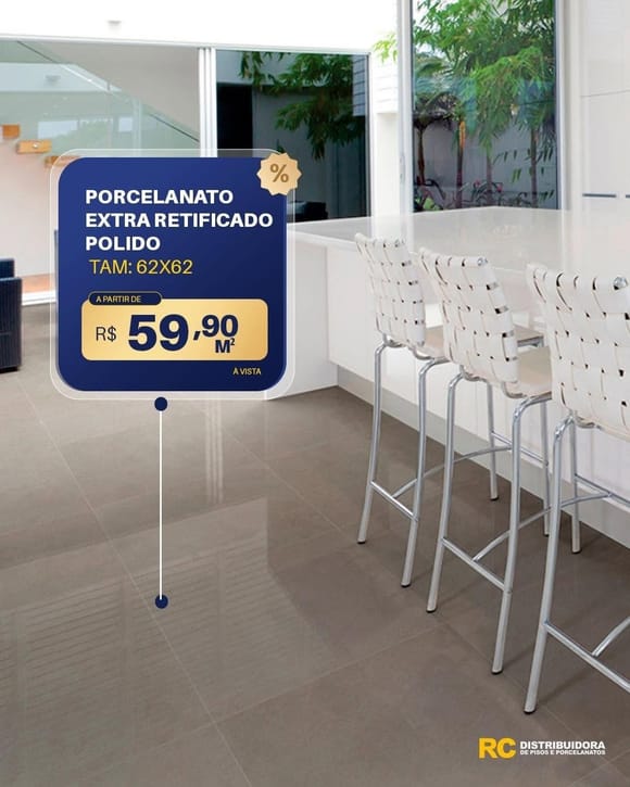 Oferta 34: Porcelanato Extra Retificado Polido 62X62, a partir de R$ 59,90 por m², à vista