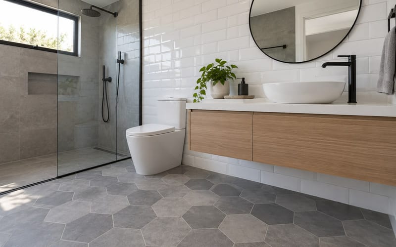 Banheiro com piso hexagonal de porcelanato cinza e parede com revestimento branco retangular
