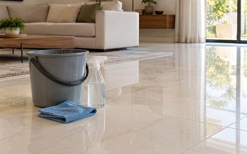 Piso de porcelanato claro e brilhante, com um balde, um pano de microfibra e um borrifador apoiados no chão