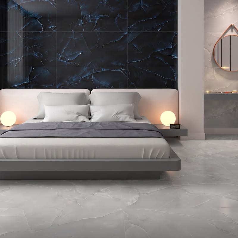 Quarto com porcelanato marmorizado